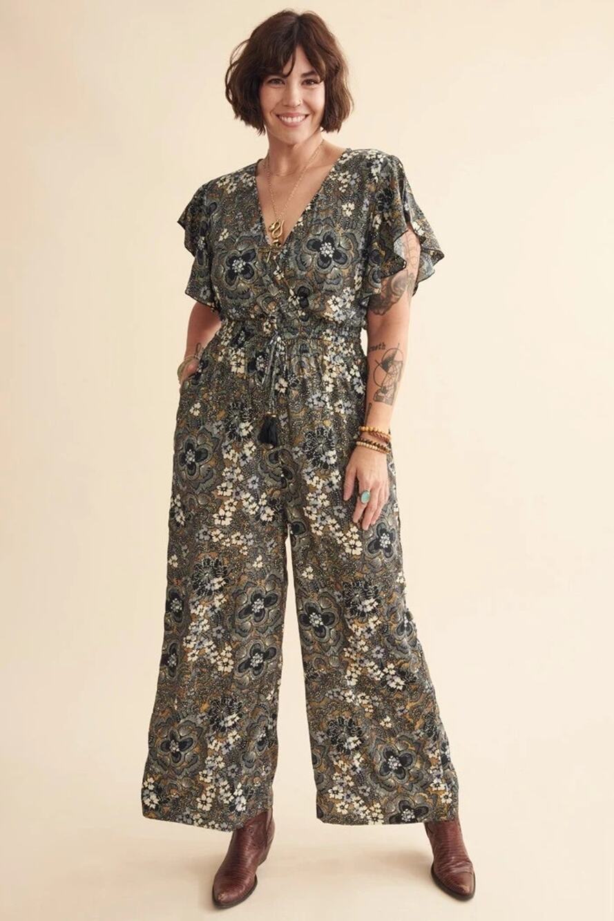 NWT Earthbound Trading Co Womens Small Floral Navy Gold Sari Wide Leg Jumpsuit